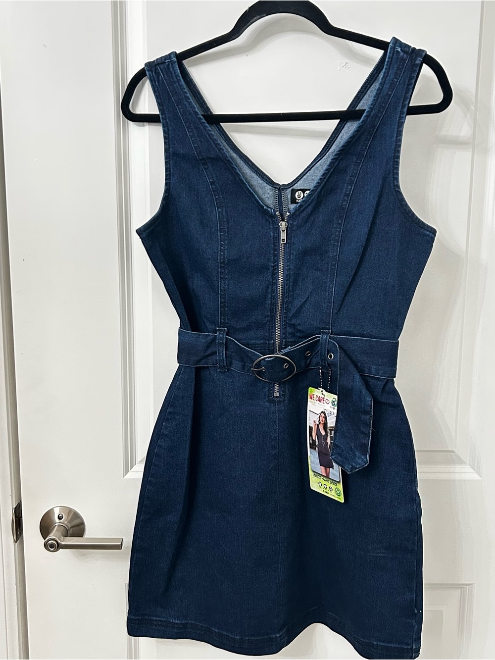 NWT Peace Love World Navy Denim Zip-Front Belted Mini Dress Size M